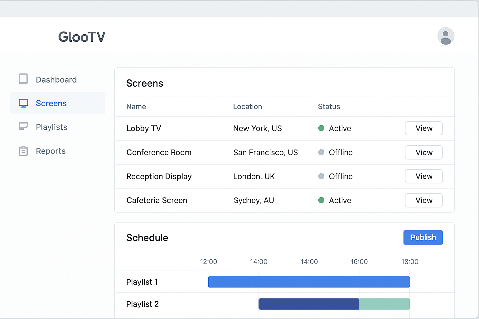 GlooTV dashboard for retail digital signage with playlist scheduling and store controls