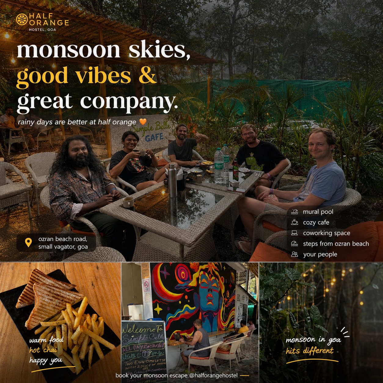 Rainy days hit different in Goa 🌧️🌴

• Green everywhere
• Chai in hand ☕
• Good people around
• Zero plans, zero FOMO

Monsoon looks good on us. 🍊

#goa #traveling #hostel #bagpacker #goadiaries