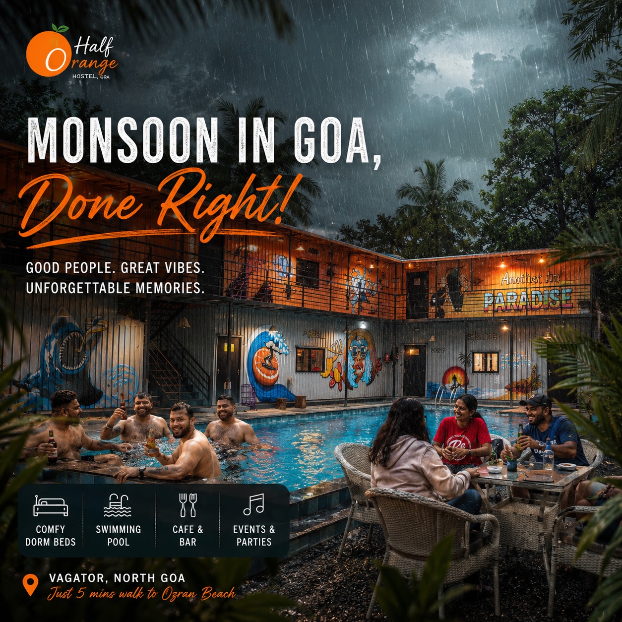 Come for the beaches.
Stay for the vibe.
Leave with a bunch of new friends. 🧡

Whether you’re travelling solo, with your crew, or simply looking for a laid-back escape, Half Orange puts you right in the middle of the Goa experience — without taking itself too seriously.

Rainy Goa. Good people. Zero rush. 🌧️🍊

📍 Vagator, Goa
🌐 halforangehostel.netlify.app

#HalfOrangeGoa #GoaHostels #GoaMonsoon #VagatorGoa #TravelIndia