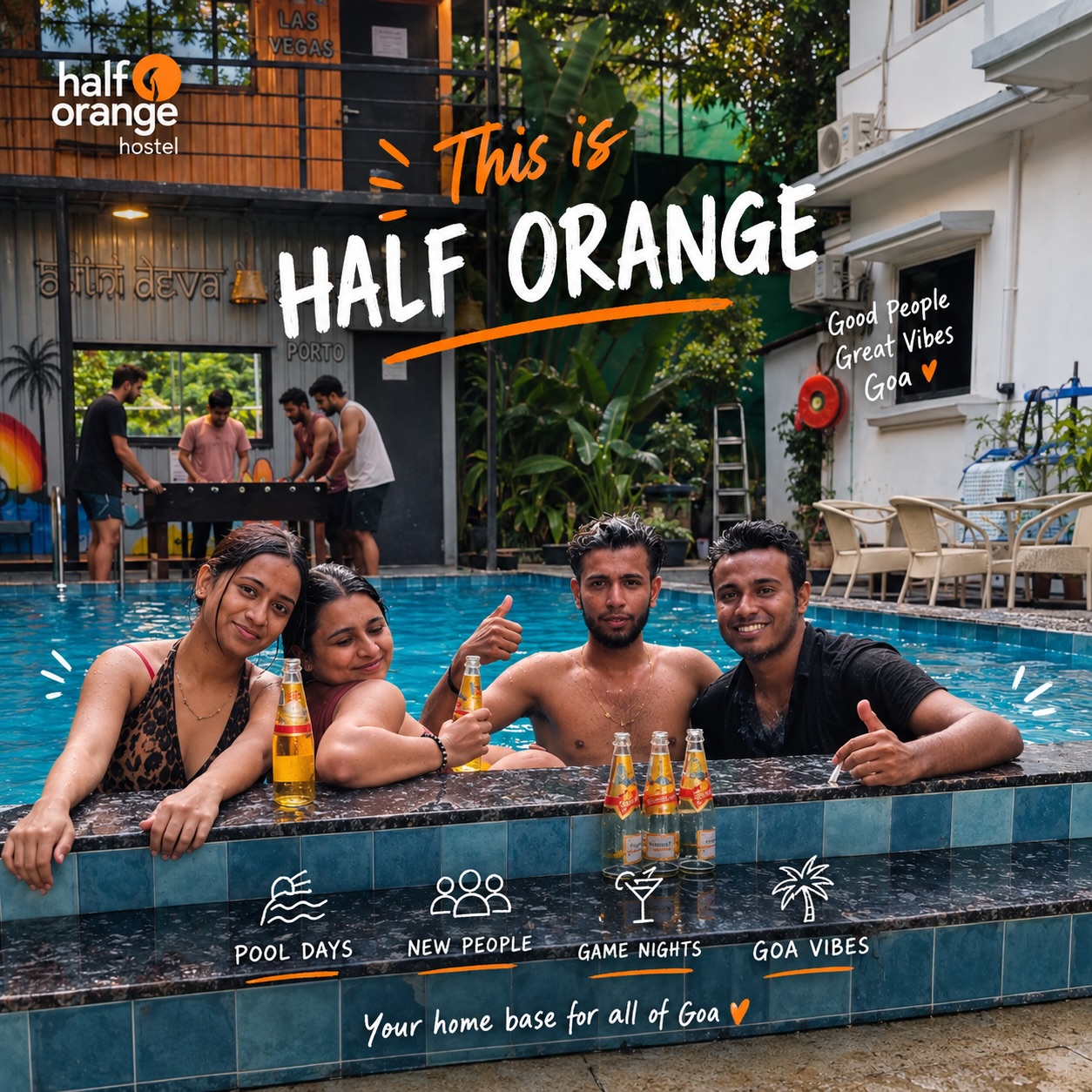 Pool days. Game nights. Random plans. New friends.
Basically, everything a Goa trip is supposed to be.

📍 Half Orange, Vagator
Your home base for all things Goa. 🧡

#goa #halforange #bagpacker #goahostel #hotelingoa
