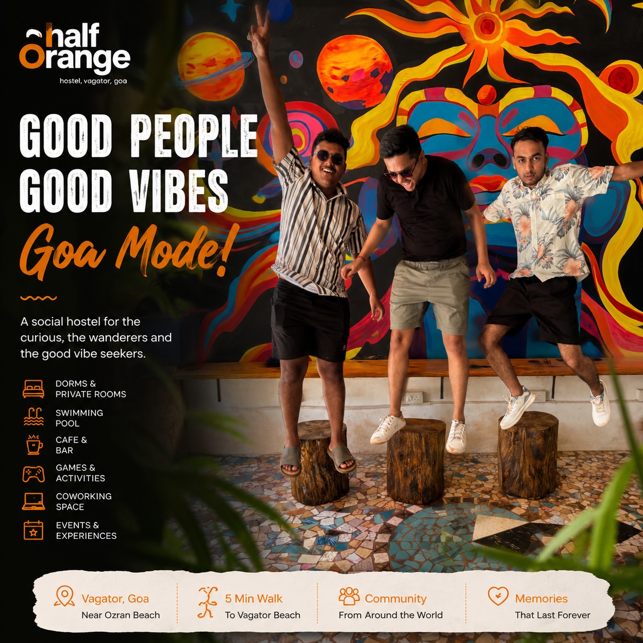 Half orange is your Goa home for good vibes, spontaneous plans, beach days, late night parties and stories you will be talking about for a long time! 🏖️☀️

Come solo or with your crew! 

#halforange #goa #hostelingoa #hotelingoa #bagpackers